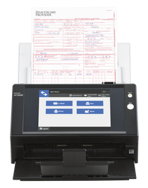 Ricoh N7100E network document scanner scanning a health insurance claim form.  Job buttons are visible on the large touchscreen.
