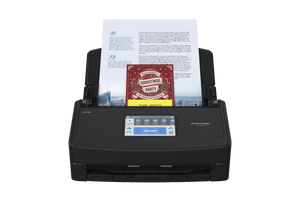 Refurbished ScanSnap iX1600 Document Scanner with touch screen and mixed documents in the automatic feeder in black, front view Refurbished ScanSnap iX1600 Document Scanner with touch screen and mixed documents in the automatic feeder in black, front view