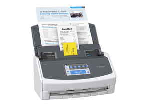 REFURB ScanSnap iX1600 Document Scanner with touch screen and automatic feeder with documents in the receipt guide in White, front view REFURB ScanSnap iX1600 Document Scanner with touch screen and automatic feeder with documents in the receipt guide in White, front view
