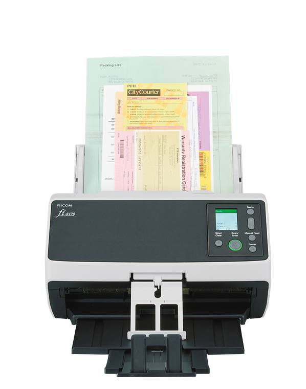 Ricoh fi-8170 document scanner in operation, scanning multiple documents including a packing list, invoice, and registration card. The scanner features a display screen and control buttons labeled Menu, Manual Feed, Stop/Clear, Scan/Enter, and Power.