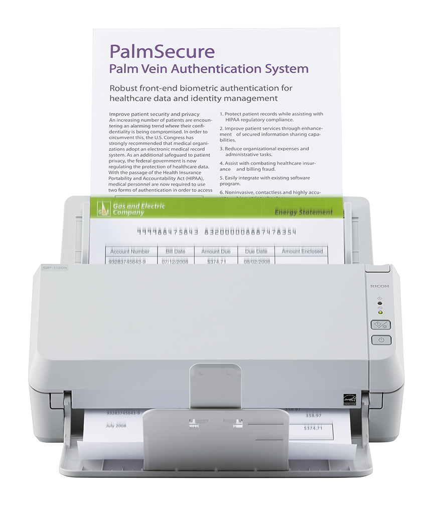 REFURB Ricoh SP-1130N colour duplex document scanner (RA03811-B025) with documents in the automatic feeder, front view