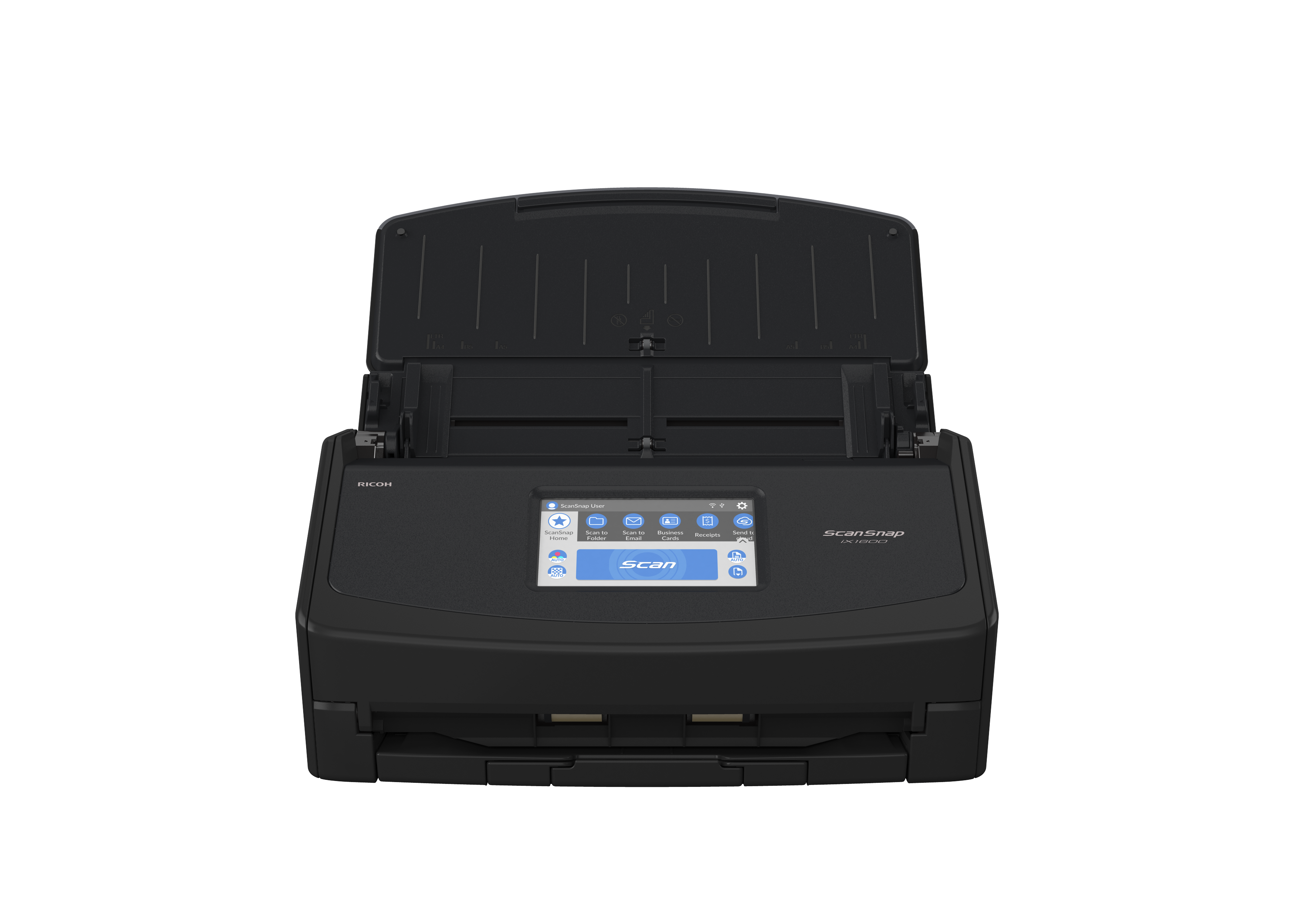 ScanSnap iX1600 Document Scanner with touch screen and automatic feeder in black, front view