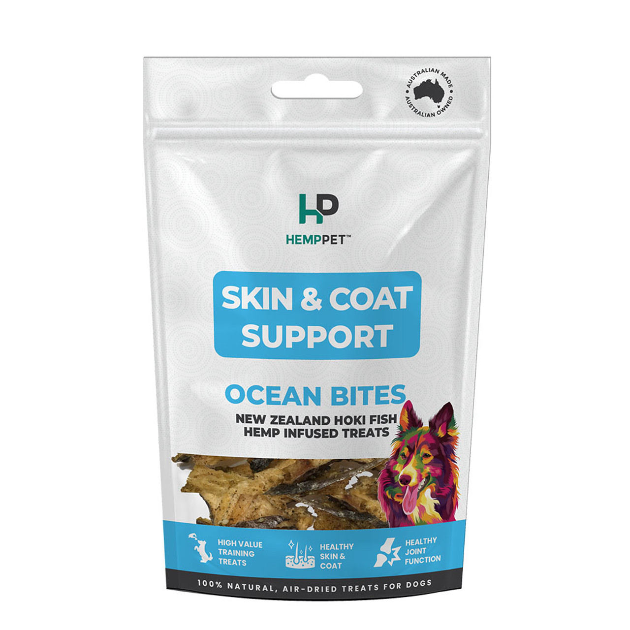 HempPet Skin & Coat Support Hoki Fish Hamp Infused Godbidder til hunde 70 g (2,46 oz)