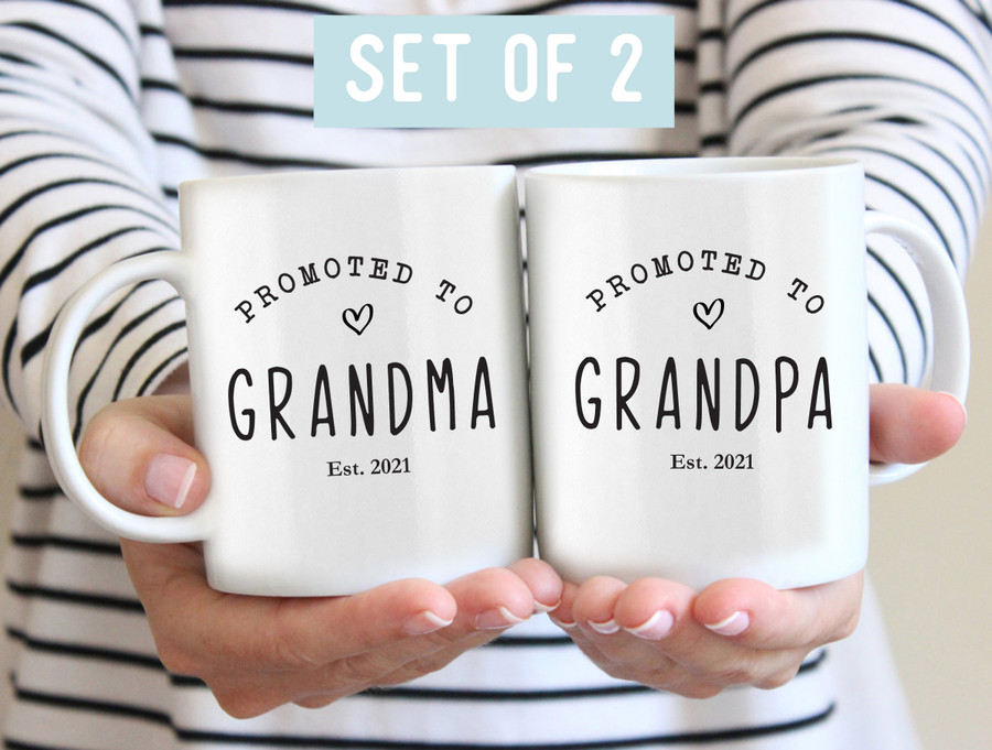 This "Promoted to Grandma and Grandpa" mug set is the perfect way to celebrate and announce pregnancy!