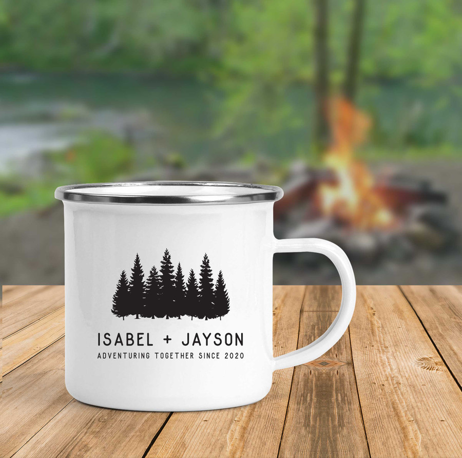 These cute Adventuring Together Since couples campfire mugs are a unique personalized gift for engagement, wedding, honeymoon, anniversary or any other big milestone.