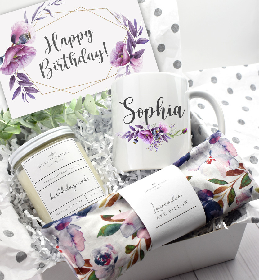 Happy Birthday gift box with self care products. Floral themed gift set with birthday cake and lavender scented body care items and 11 oz coffee mug.  Perfect way to show your loved one that you care and are thinking of them on their special day.