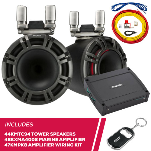 Kicker 44KMTC94 9" Tower Speaker w/ 48KXMA4002 Amplifier & 47KMPK8 Amplifier Kit