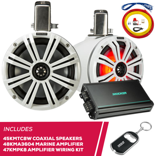 Kicker 45KMTC8W 8" Tower Speakers w/ 48KMA3604 Amplifier & 47KMPK8 Amplifier Kit