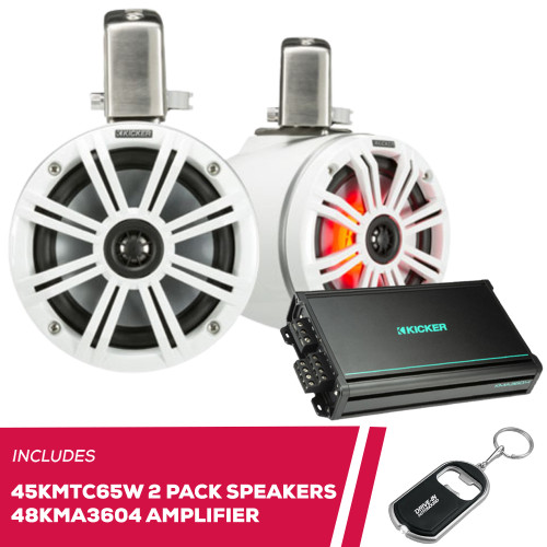 Kicker Pair of 45KMTC65W 6.5" Wakeboard Tower Speakers with 48KMA3604 Amplifier Kicker Pair of 45KMTC65W 6.5" Wakeboard Tower Speakers with 48KMA3604 Amplifier