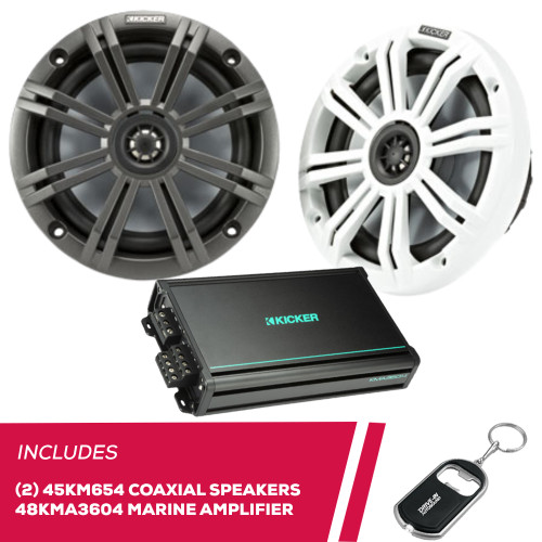 Kicker Pair of 45KM654 6.5" Coaxial Marine Speakers & 48KMA3604 Marine Amplifier Kicker Pair of 45KM654 6.5" Coaxial Marine Speakers & 48KMA3604 Marine Amplifier