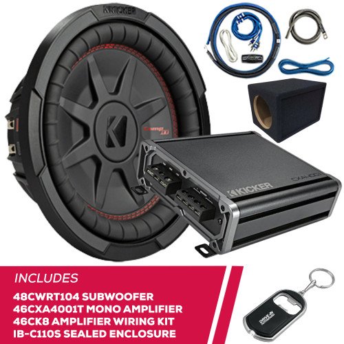 Kicker 48CWRT104 10" Subwoofer w/ 46CXA4001T Amp & 46CK8 Amp Kit & Enclosure Kicker 48CWRT104 10" Subwoofer w/ 46CXA4001T Amp & 46CK8 Amp Kit & Enclosure