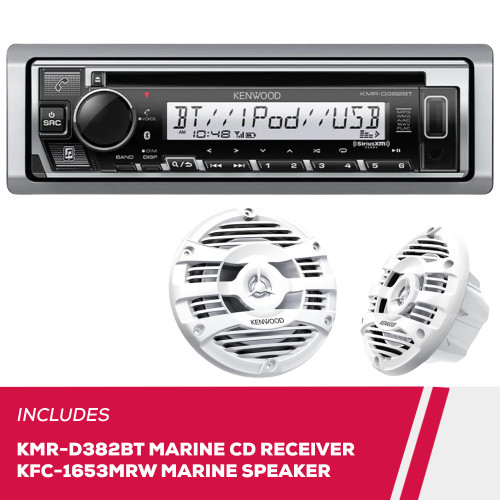 Kenwood KMR-D382BT Marine CD Receiver and KFC-1653MRW 6.5" 2-Way Marine Speakers