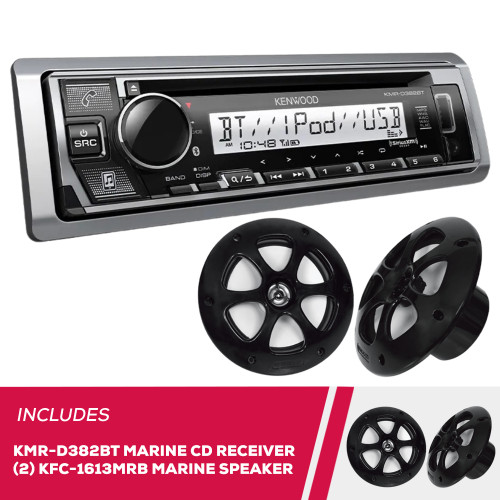 Kenwood KMR-D382BT Marine CD Receiver & 2 Pack KFC-1613MRB 6.5" Marine Speakers Kenwood KMR-D382BT Marine CD Receiver & 2 Pack KFC-1613MRB 6.5" Marine Speakers