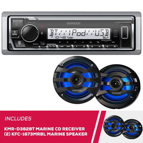 Kenwood KMR-D382BT Marine CD Receiver & 2-Pack KFC-1673MRBL 6.5" Marine Speakers Kenwood KMR-D382BT Marine CD Receiver & 2-Pack KFC-1673MRBL 6.5" Marine Speakers