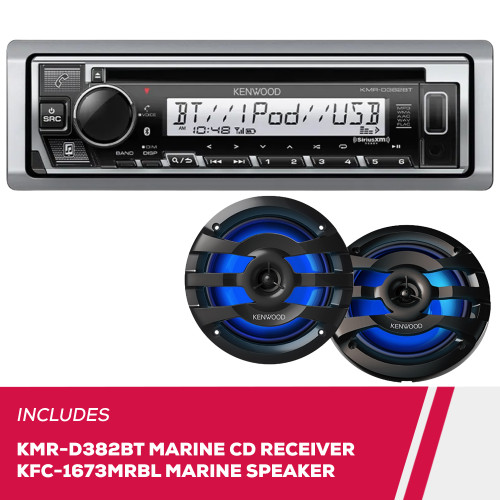 Kenwood KMR-D382BT Marine CD Receiver & KFC-1673MRBL 6.5" 2-Way Marine Speakers Kenwood KMR-D382BT Marine CD Receiver & KFC-1673MRBL 6.5" 2-Way Marine Speakers