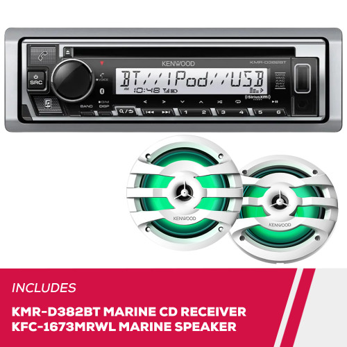 Kenwood KMR-D382BT Marine CD Receiver & KFC-1673MRWL 6.5" 2-Way Marine Speakers
