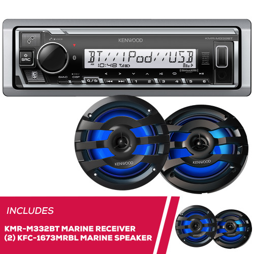 Kenwood KMR-M332BT Marine Media Receiver and 2 Pack KFC-1673MRBL 6.5" Speaker