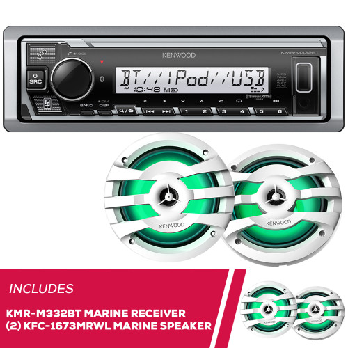 Kenwood KMR-M332BT Marine Media Receiver and 2 Pack KFC-1673MRWL 6.5" Speaker Kenwood KMR-M332BT Marine Media Receiver and 2 Pack KFC-1673MRWL 6.5" Speaker
