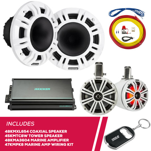 Kicker 48KMXL654 6.5" Speaker, 45KMTC8W Speaker & 48KMA3604 Amp & Amp Wiring Kit