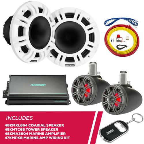 Kicker 48KMXL654 6.5" Speaker, 45KMTC65 Speaker & 48KMA3604 Amp & Amp Wiring Kit