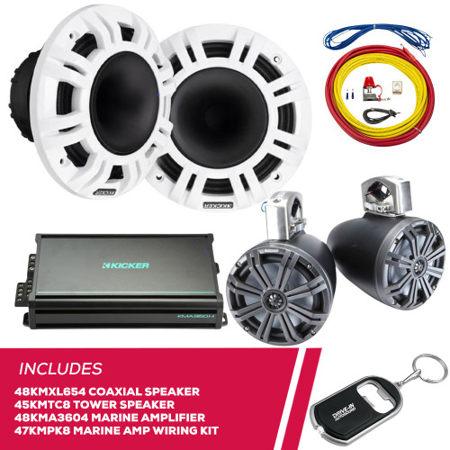 Kicker 48KMXL654 6.5" Speaker & 45KMTC8 Speaker & 48KMA3604 Amp & Amp Wiring Kit