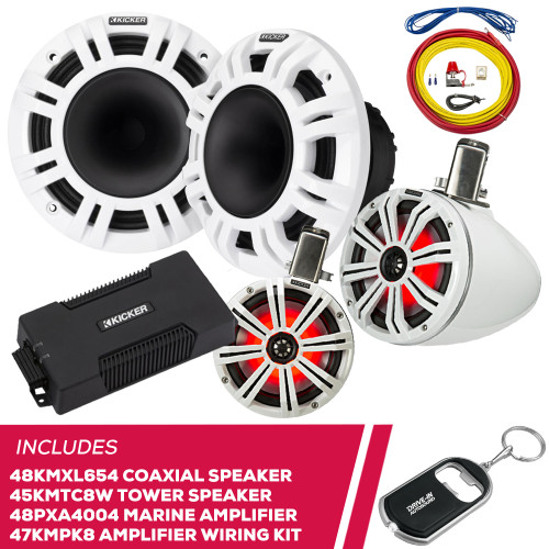 Kicker 48KMXL654 6.5" Speaker, 45KMTC8W Speaker & 48PXA4004 Amp & Amp Wiring Kit Kicker 48KMXL654 6.5" Speaker, 45KMTC8W Speaker & 48PXA4004 Amp & Amp Wiring Kit