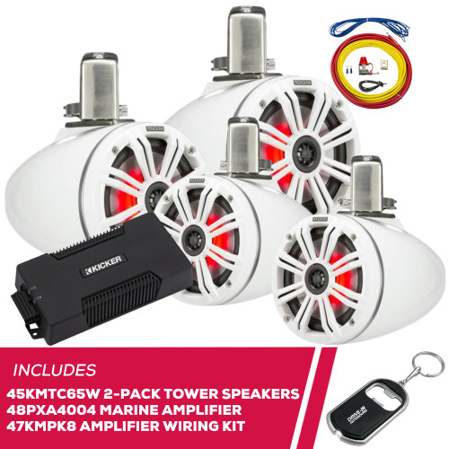 Kicker 2-Pack 45KMTC65W 6.5" Tower Speakers, 48PXA4004 Amp & Amp Wiring Kit