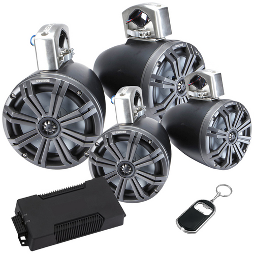 Kicker 2-Pack 45KMTC8 8" Tower Speakers, 48PXA4004 Amp and Amp Wiring Kit