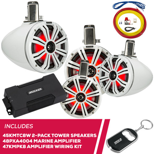 Kicker 2-Pack 45KMTC8W 8" Tower Speakers, 48PXA4004 Amp, and Amp Wiring Kit