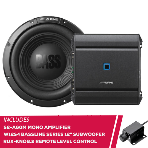 Alpine Stage 1 Bass Package w/ S2-A60M Mono Amp, 12" Sub & RUX-KNOB.2 Bass Knob Alpine Stage 1 Bass Package w/ S2-A60M Mono Amp, 12" Sub & RUX-KNOB.2 Bass Knob