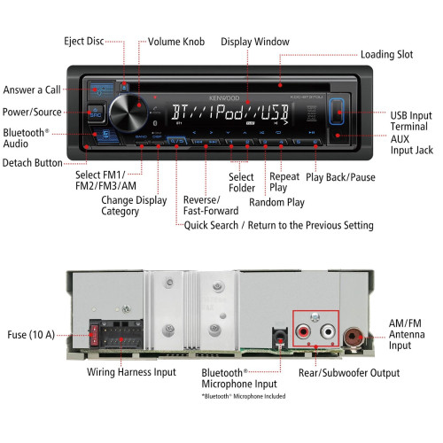 Refurbished Kenwood KDC-BT370U Single-DIN CD with Front High Power USB, Bluetooth