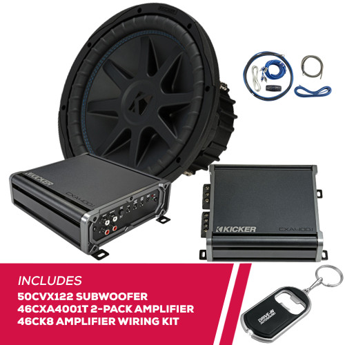 Kicker 50CVX122 Subwoofer w/ 2-Pack 46CXA4001T Mono Amplifiers & Amp Wiring Kit Kicker 50CVX122 Subwoofer w/ 2-Pack 46CXA4001T Mono Amplifiers & Amp Wiring Kit
