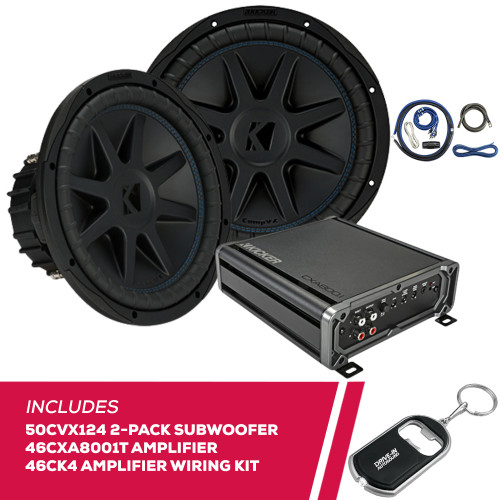 Kicker 2-Pack 50CVX124 Subwoofers w/ 46CXA8001T Mono Amplifier & Amp Wiring Kit Kicker 2-Pack 50CVX124 Subwoofers w/ 46CXA8001T Mono Amplifier & Amp Wiring Kit