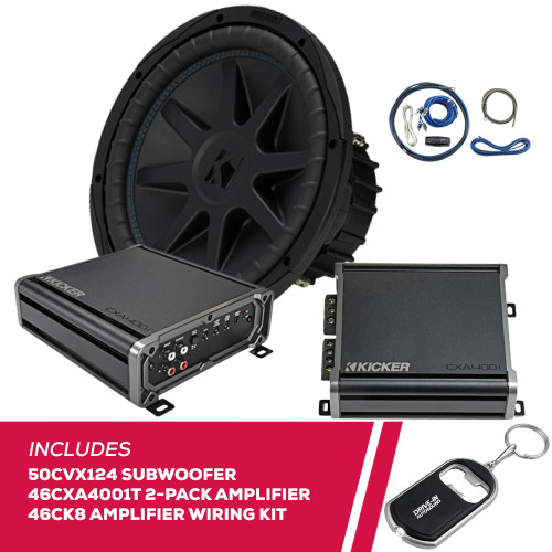 Kicker 50CVX124 Subwoofer w/ 2-Pack 46CXA4001T Mono Amplifiers & Amp Wiring Kit Kicker 50CVX124 Subwoofer w/ 2-Pack 46CXA4001T Mono Amplifiers & Amp Wiring Kit