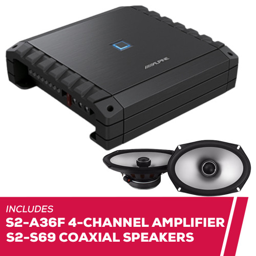 Alpine S2-A36F 60W RMS 4-Channel Car Amplifier w/ S2-S69 6x9" Coaxial Speakers