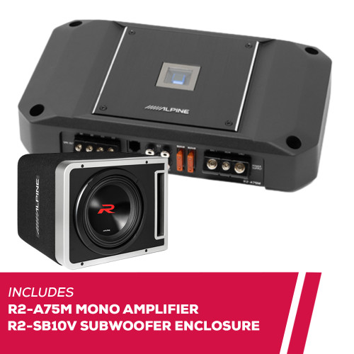 Alpine R2-A75M Mono Amplifier with R2-SB10V 10" Preloaded Subwoofer Enclosure