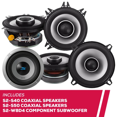 Alpine S2-S40 & S2-S50 4" & 5.25" Coaxial Speakers w/ S2-W8D4 8" Subwoofer