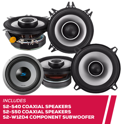 Alpine S2-S40 & S2-S50 4" & 5.25" Coaxial Speakers w/ S2-W12D4 12" Subwoofer