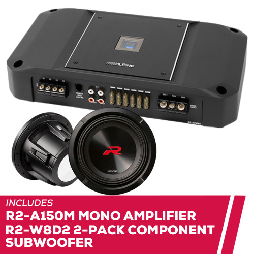 Alpine R2-A150M Mono Amplifie with 2-Pack R2-W8D2 8" Component Subwoofer