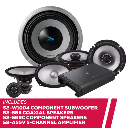 Alpine S2-W10D4 10" Subwoofer w/ S2-S65, S2-S69C Speakers & S2-A55V Amplifier
