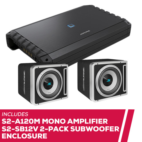 Alpine S-Series S2-A120M Mono Amplifier with 2-Pack S2-SB12V Subwoofer Enclosure