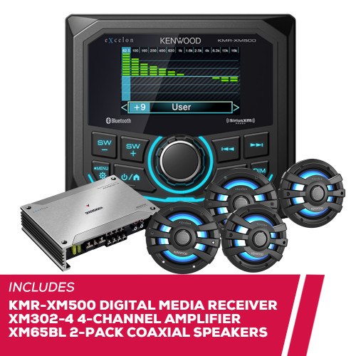 Kenwood eXcelon KMR-XM500 Receiver w/ 2-Pack XM65BL Speakers & XM302-4 Amplifier