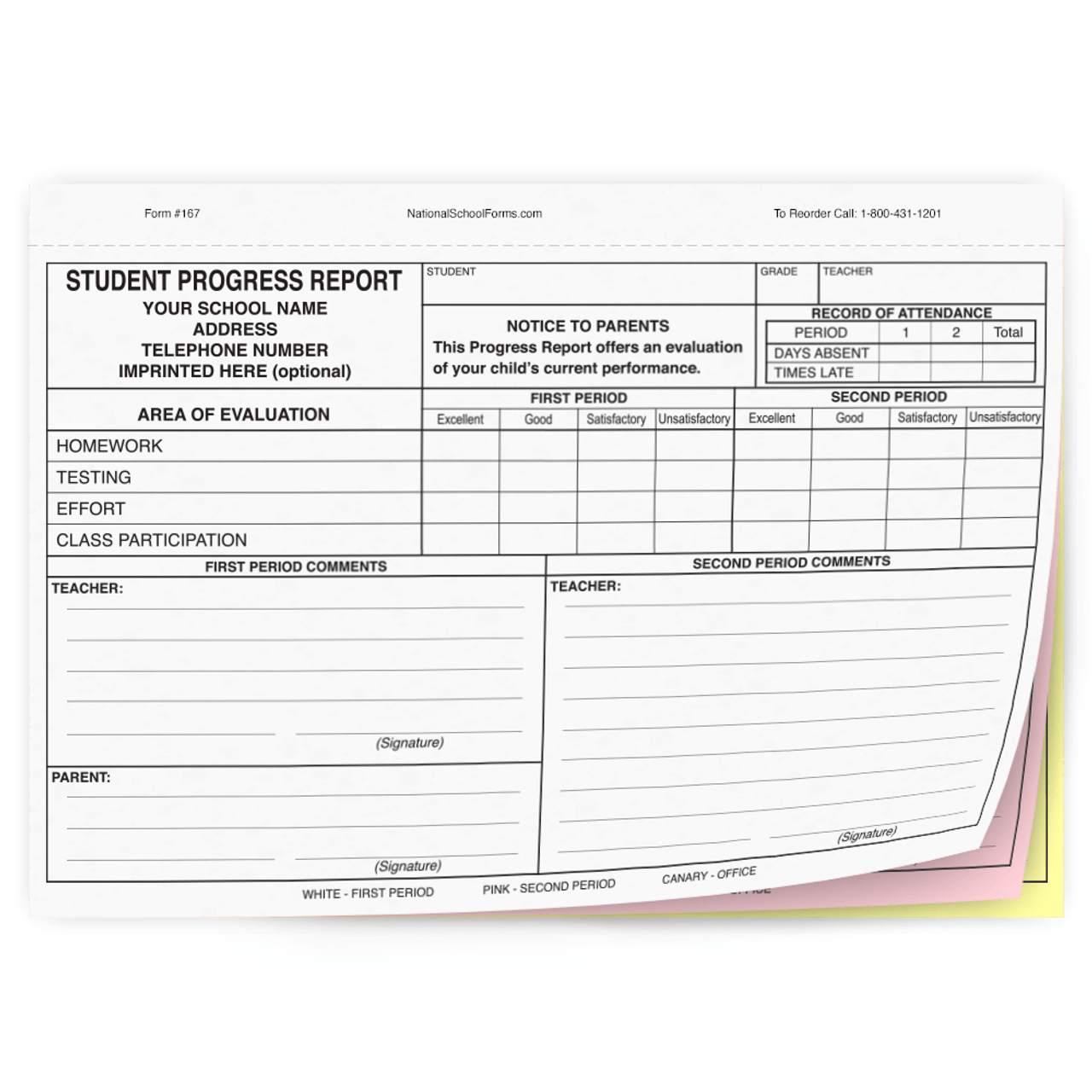 Student Progress Report with Parent Comment Section (167) - 3 part carbonless form
with optional Imprint