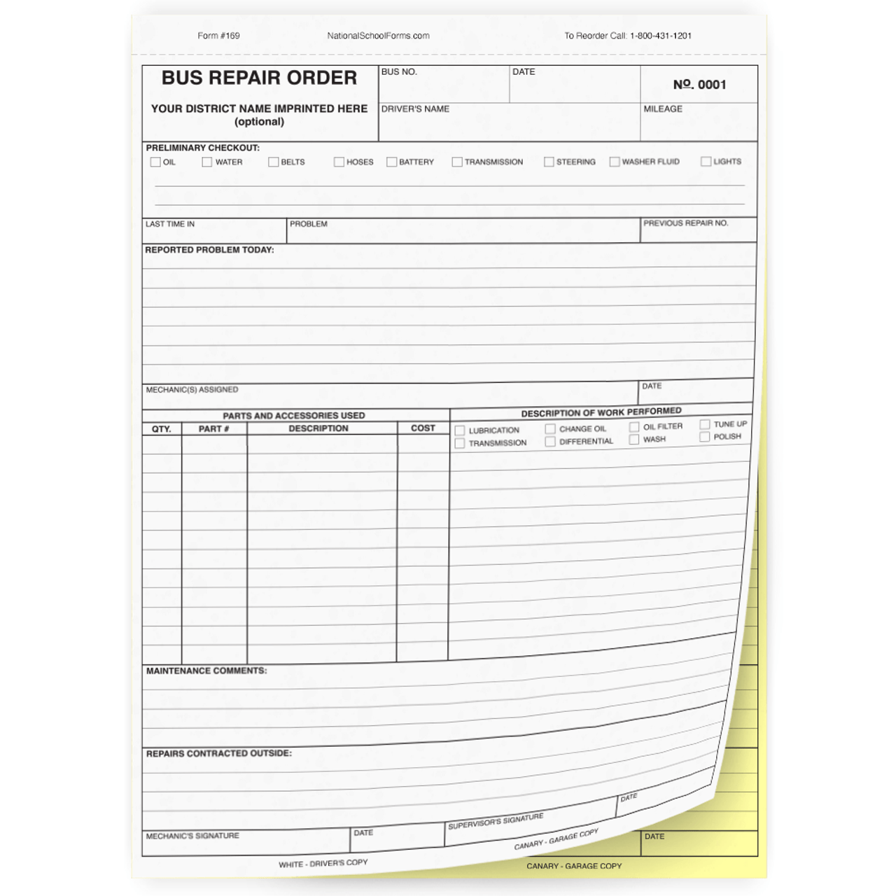 Bus Repair Order - 2 part carbonless form (169) with optional Imprint and Numbering