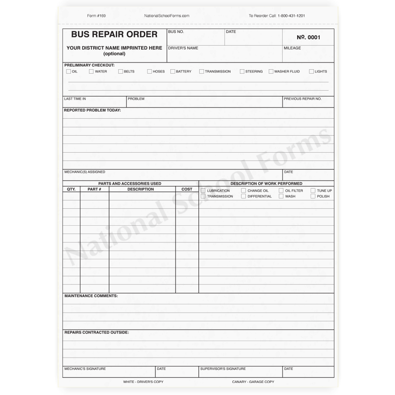 Bus Repair Order - 2 part carbonless form (169) with optional Imprint and Numbering