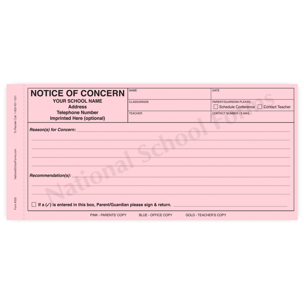 Notice of Concern (335) 3 part carbonless form with optional imprint