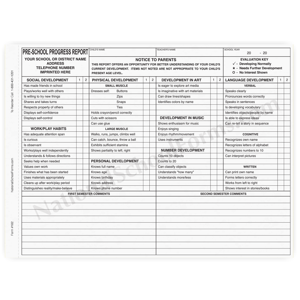 Pre School Progress Report Semester Nationalschoolforms Com