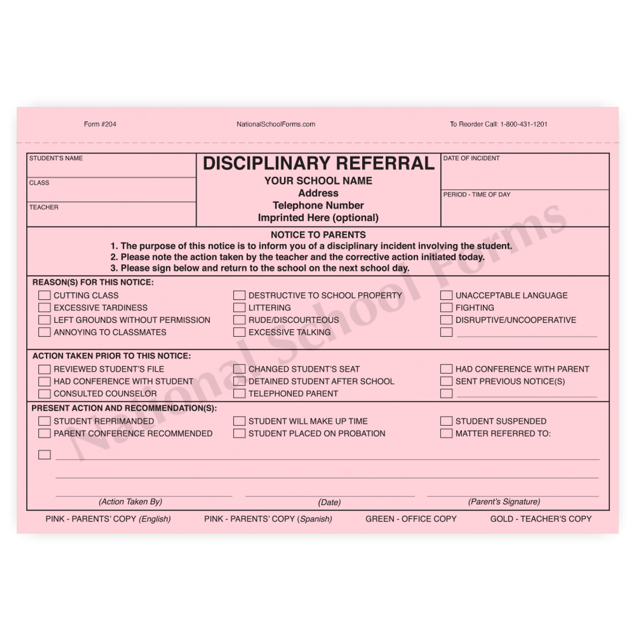 Bilingual Disciplinary Referral - 4 part form with English/Spanish Parent Copies (204)