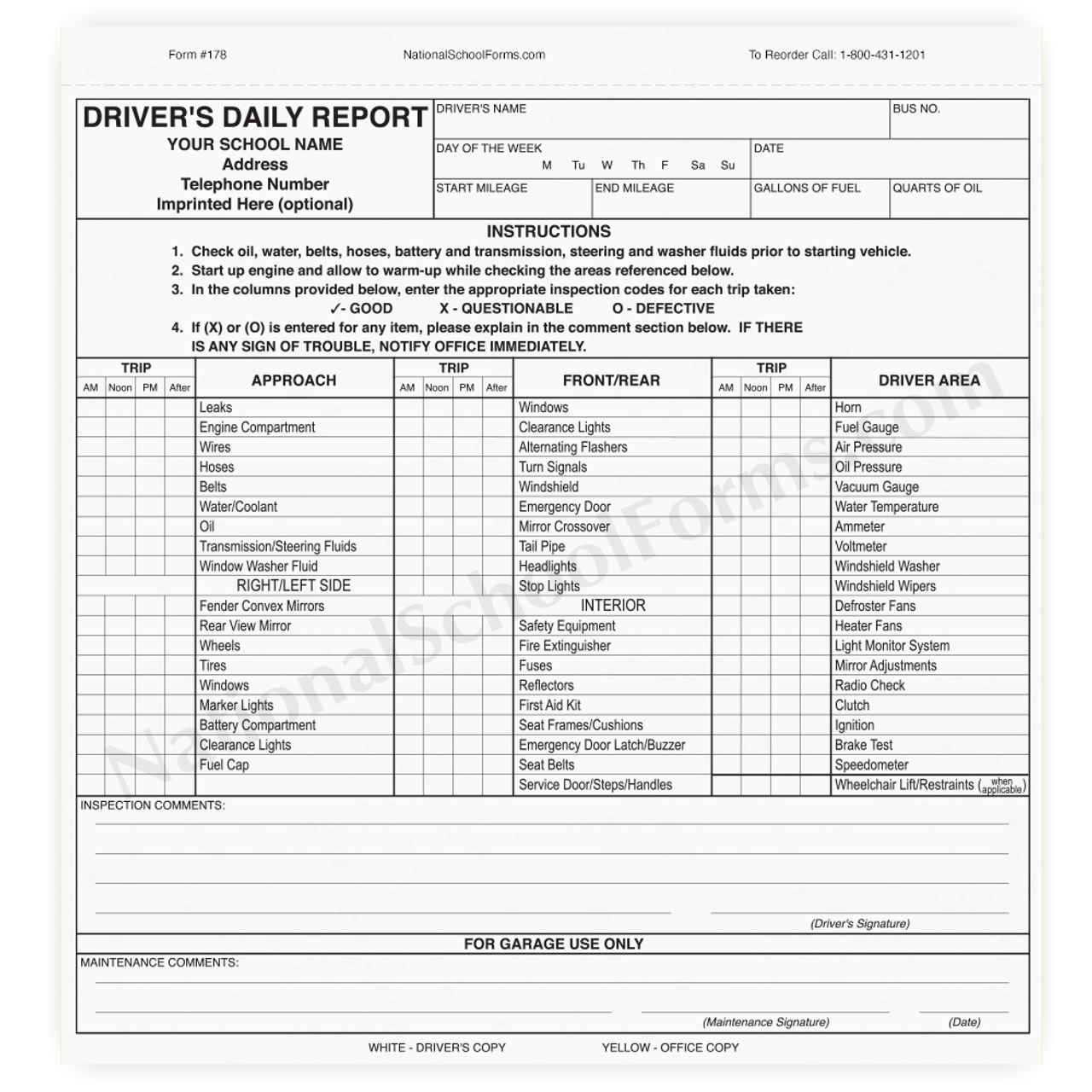 Driver's Daily Report - 2 part form (178) with optional Imprint