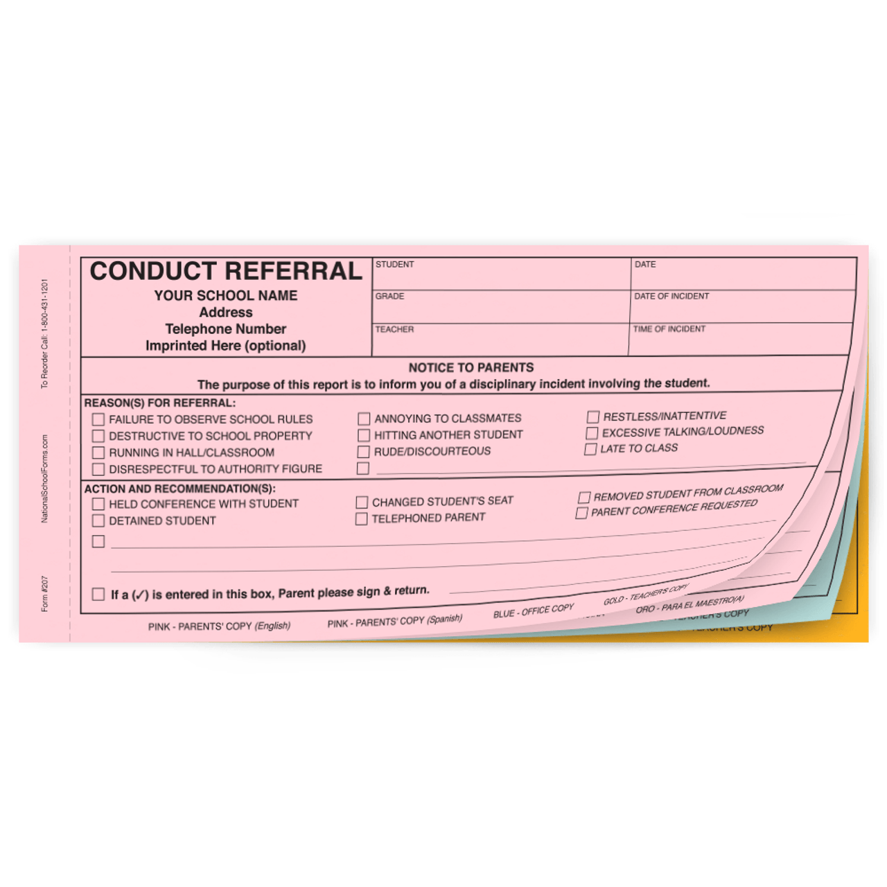 Bilingual Conduct Referral - 4 part carbonless with English and Spanish parent copies (207)